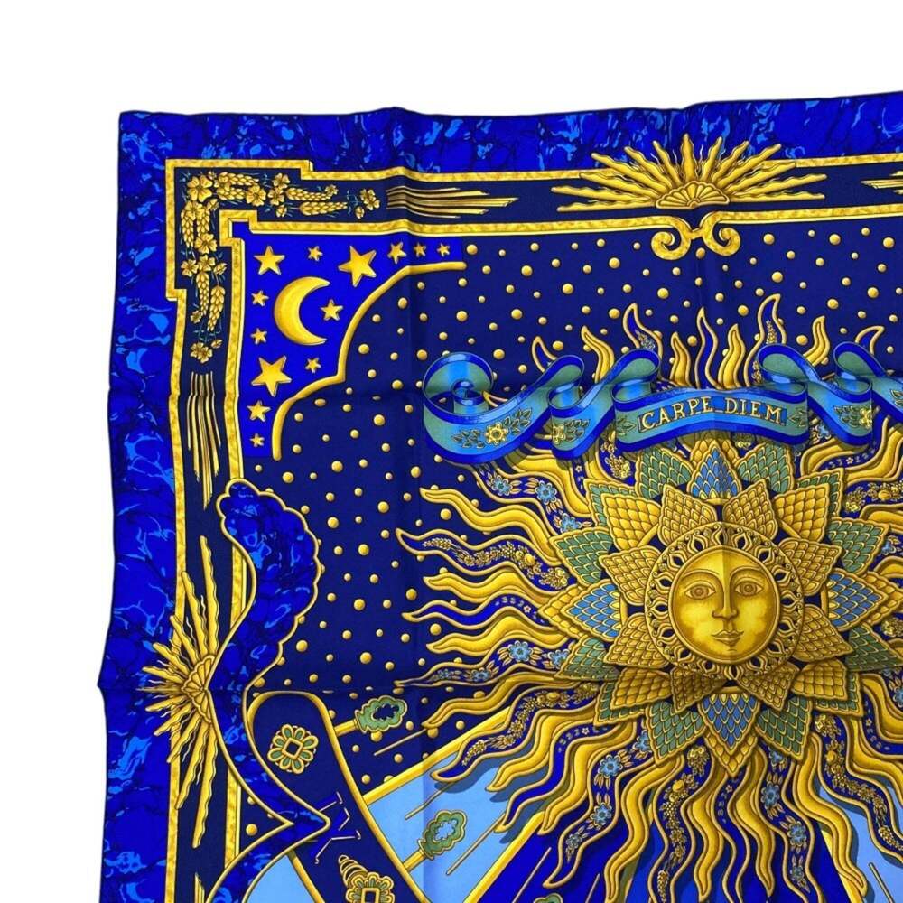 HERMES Carre 90 CARPE DIEM Enjoy Today Silk Scarf Stole Blue x Multicolor Wom... - Picture 6 of 11